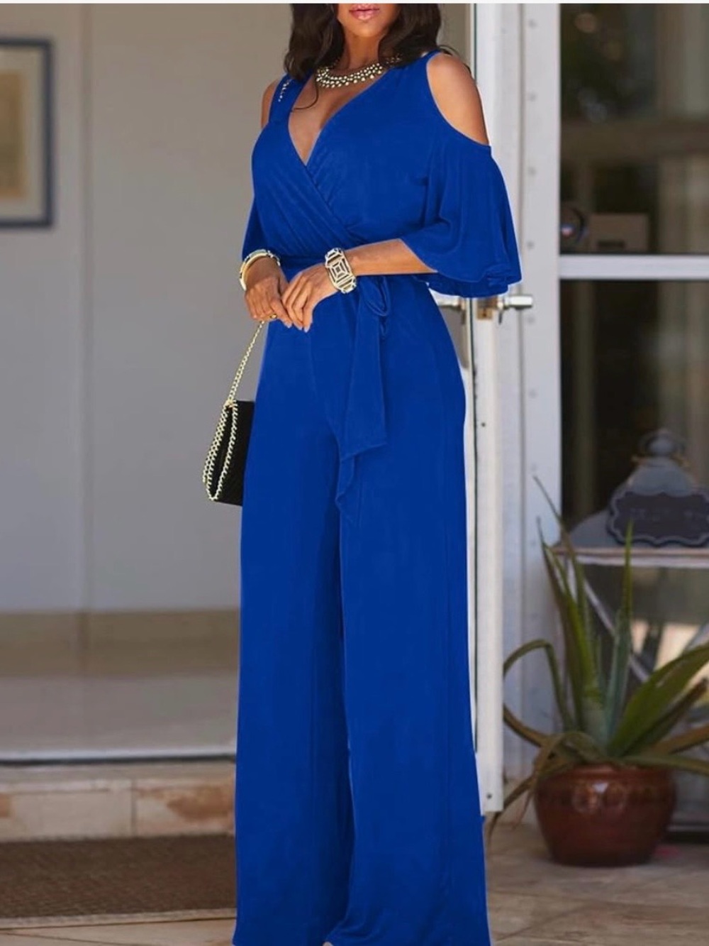 Cold-Shoulder Royal Blue Wrap Jumpsuit